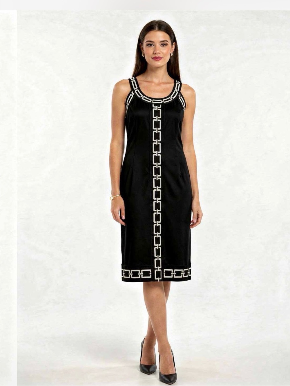 Adrienne Vittadini Black Midi Dress with White Chain Trim